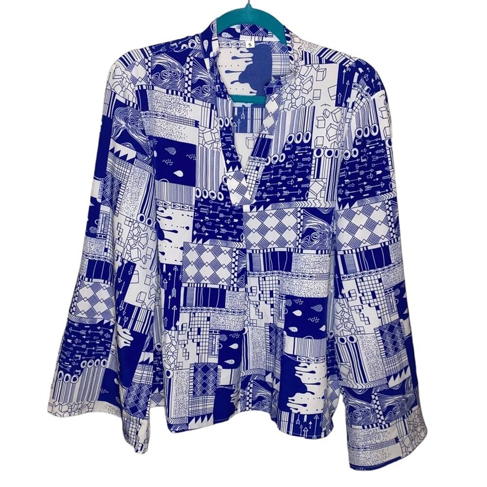 SHEIN Blue White Patchwork Print Blouse Small Long Sleeve‎ Top